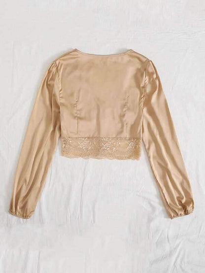 Contrast Lace Covered Button Satin Blouse - INS | Online Fashion Free Shipping Clothing, Dresses, Tops, Shoes