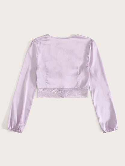 Contrast Lace Covered Button Satin Blouse - INS | Online Fashion Free Shipping Clothing, Dresses, Tops, Shoes