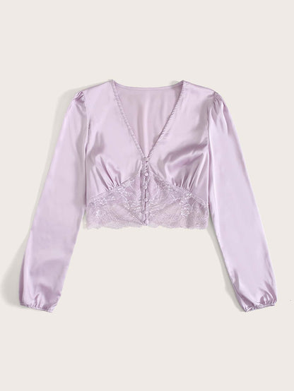 Contrast Lace Covered Button Satin Blouse - INS | Online Fashion Free Shipping Clothing, Dresses, Tops, Shoes