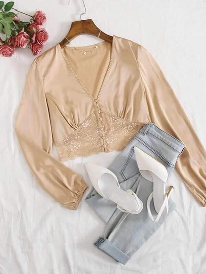 Contrast Lace Covered Button Satin Blouse - INS | Online Fashion Free Shipping Clothing, Dresses, Tops, Shoes