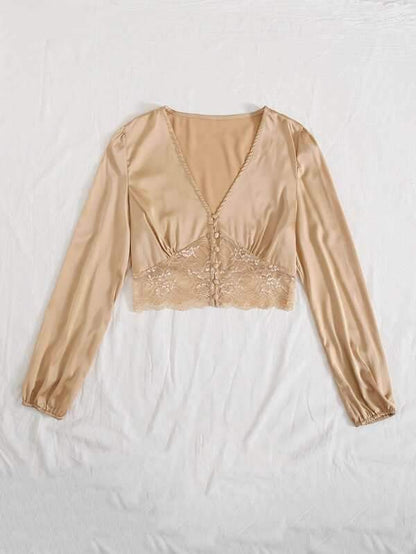 Contrast Lace Covered Button Satin Blouse - INS | Online Fashion Free Shipping Clothing, Dresses, Tops, Shoes