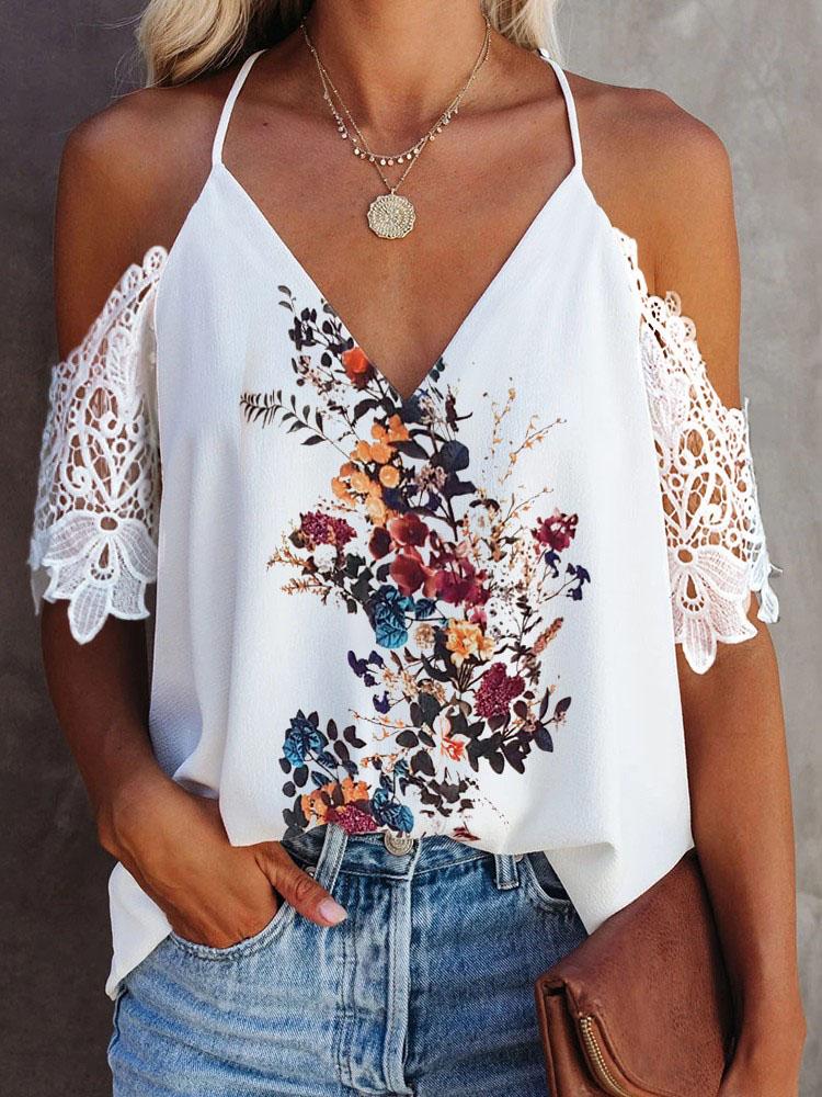 Contrast Lace V Neck Halter Floral Print Top - Tank Tops - INS | Online Fashion Free Shipping Clothing, Dresses, Tops, Shoes - 27/04/2021 - Color_White - Season_Summer