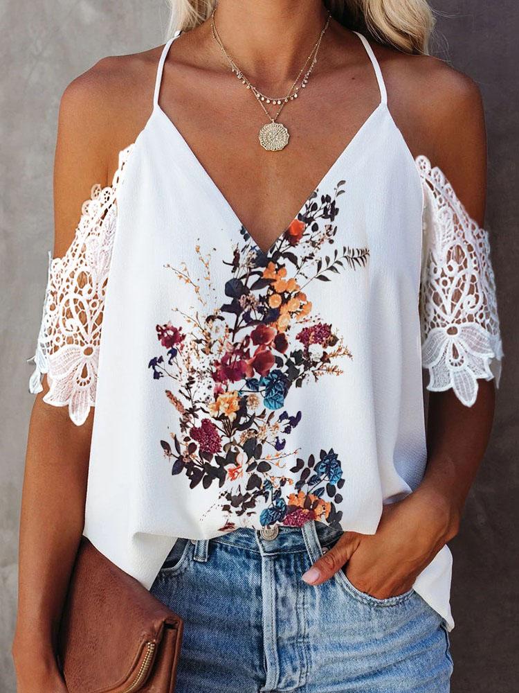 Contrast Lace V Neck Halter Floral Print Top - Tank Tops - INS | Online Fashion Free Shipping Clothing, Dresses, Tops, Shoes - 27/04/2021 - Color_White - Season_Summer