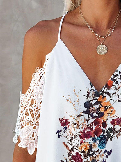 Contrast Lace V Neck Halter Floral Print Top - Tank Tops - INS | Online Fashion Free Shipping Clothing, Dresses, Tops, Shoes - 27/04/2021 - Color_White - Season_Summer