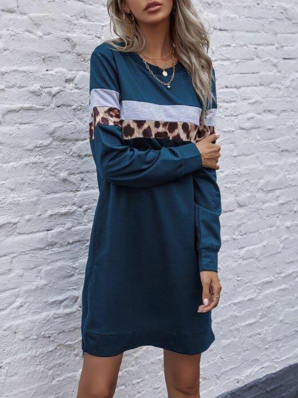 Contrast Leopard Panel Sweatshirt Dress - Dresses - INS | Online Fashion Free Shipping Clothing, Dresses, Tops, Shoes - 02//03/2021 - Basic - Blue
