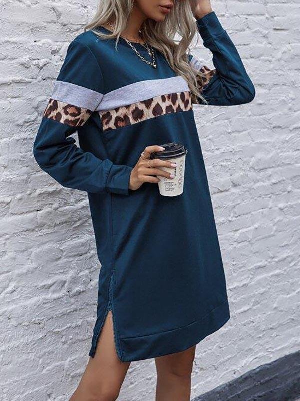 Contrast Leopard Panel Sweatshirt Dress - Dresses - INS | Online Fashion Free Shipping Clothing, Dresses, Tops, Shoes - 02//03/2021 - Basic - Blue