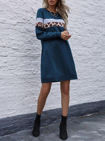 Contrast Leopard Panel Sweatshirt Dress - Dresses - INS | Online Fashion Free Shipping Clothing, Dresses, Tops, Shoes - 02//03/2021 - Basic - Blue