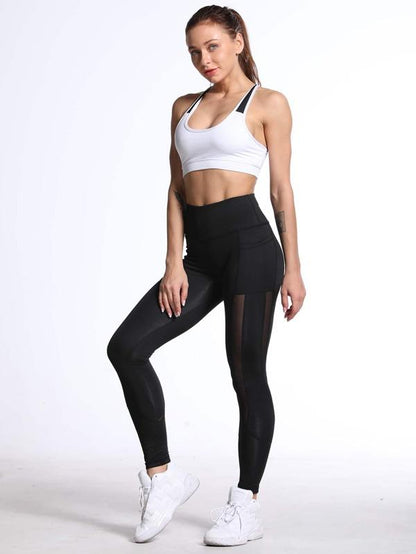 Contrast Mesh Wide Waistband Sports Leggings - INS | Online Fashion Free Shipping Clothing, Dresses, Tops, Shoes