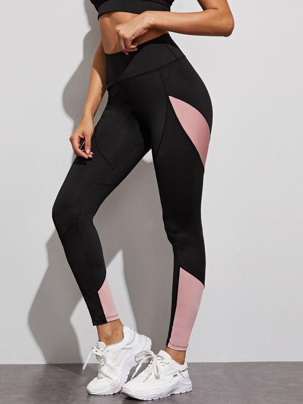 Contrast Panel Wide Waistband Sports Leggings - INS | Online Fashion Free Shipping Clothing, Dresses, Tops, Shoes
