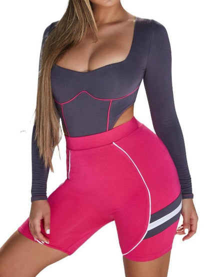 Contrast Piping High Cut Sports Bodysuit & Biker Shorts - Activewear - INS | Online Fashion Free Shipping Clothing, Dresses, Tops, Shoes - 02/03/2021 - Activewear - Color_Pink