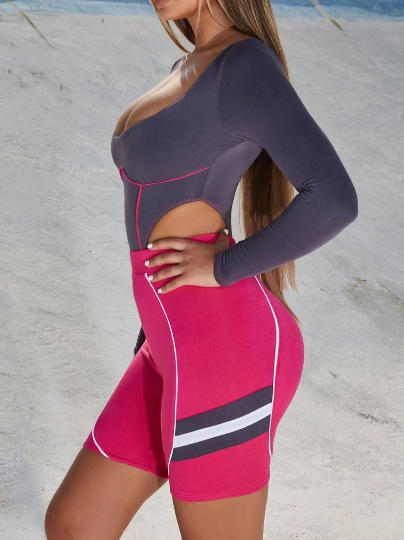 Contrast Piping High Cut Sports Bodysuit & Biker Shorts - Activewear - INS | Online Fashion Free Shipping Clothing, Dresses, Tops, Shoes - 02/03/2021 - Activewear - Color_Pink