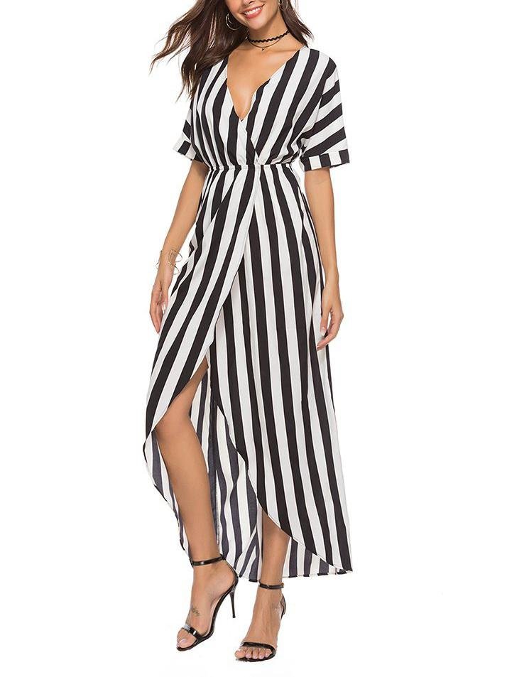 Contrast Stripes Irregular Waist Dress For Ladies - Maxi Dresses - INS | Online Fashion Free Shipping Clothing, Dresses, Tops, Shoes - 07/04/2021 - Black - chiffon-dress