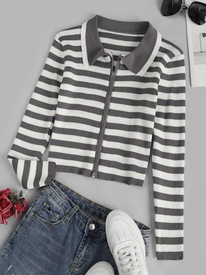 Contrast Stripes Ribbed Zip Up Cardigan - INS | Online Fashion Free Shipping Clothing, Dresses, Tops, Shoes