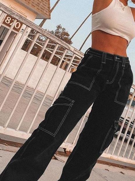 Contrast Topstitching Side Flap Pocket Cargo Pants - Denims - INS | Online Fashion Free Shipping Clothing, Dresses, Tops, Shoes - 2XL - 3XL - 4XL