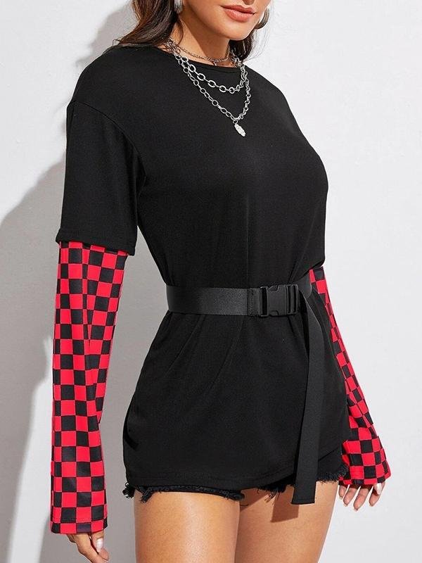 Contrasting Check Plaid Sleeve With Belt T-shirt - T-Shirts - INS | Online Fashion Free Shipping Clothing, Dresses, Tops, Shoes - 09/04/2021 - Belt - Color_Red