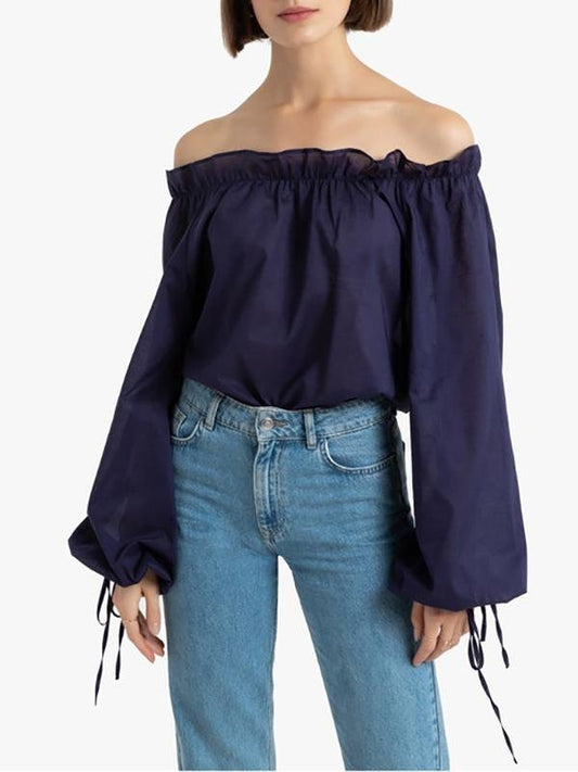 Cotton Off-The-Shoulder Blouse with Ruffle Collar - Blouses - INS | Online Fashion Free Shipping Clothing, Dresses, Tops, Shoes - 14/04/2021 - Blouses - Color_Blue