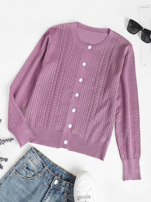 Crew Neck Button Up Pointelle Knit Cardigan - INS | Online Fashion Free Shipping Clothing, Dresses, Tops, Shoes
