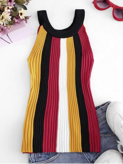 Crew Neck Colorblock Stripes Knitted Tank Top - INS | Online Fashion Free Shipping Clothing, Dresses, Tops, Shoes