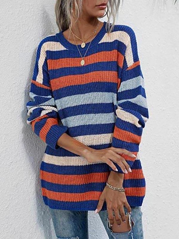 Crew Neck Drop Shoulder Mixed Stripes Sweater - Sweaters - INS | Online Fashion Free Shipping Clothing, Dresses, Tops, Shoes - 02/08/2021 - Autumn - Casual