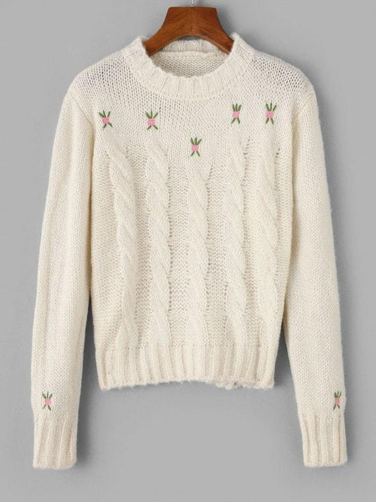 Crew Neck Embroidered Cable Knit Sweater - INS | Online Fashion Free Shipping Clothing, Dresses, Tops, Shoes