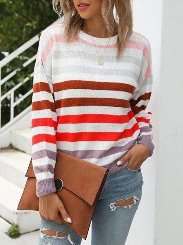 Crew Neck Striped Sweater - Sweaters - INS | Online Fashion Free Shipping Clothing, Dresses, Tops, Shoes - 02/08/2021 - Autumn - Casual