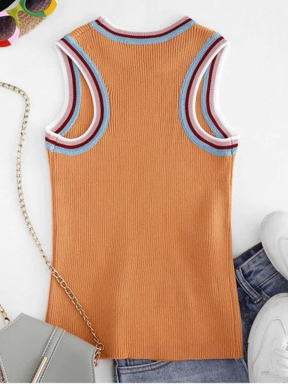 Crew Neck Stripes Panel Knitted Tank Top - INS | Online Fashion Free Shipping Clothing, Dresses, Tops, Shoes
