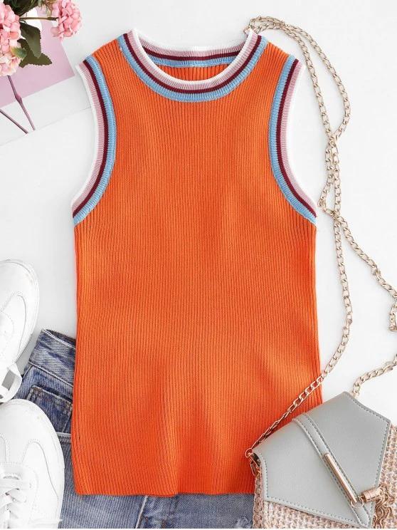 Crew Neck Stripes Panel Knitted Tank Top - INS | Online Fashion Free Shipping Clothing, Dresses, Tops, Shoes