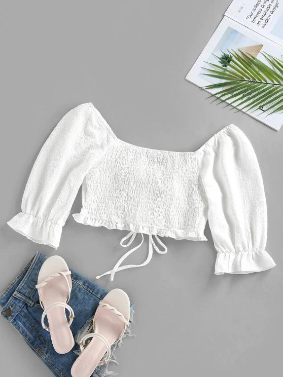 Crinkle Cinched Poet Sleeve Smocked Back Blouse - INS | Online Fashion Free Shipping Clothing, Dresses, Tops, Shoes