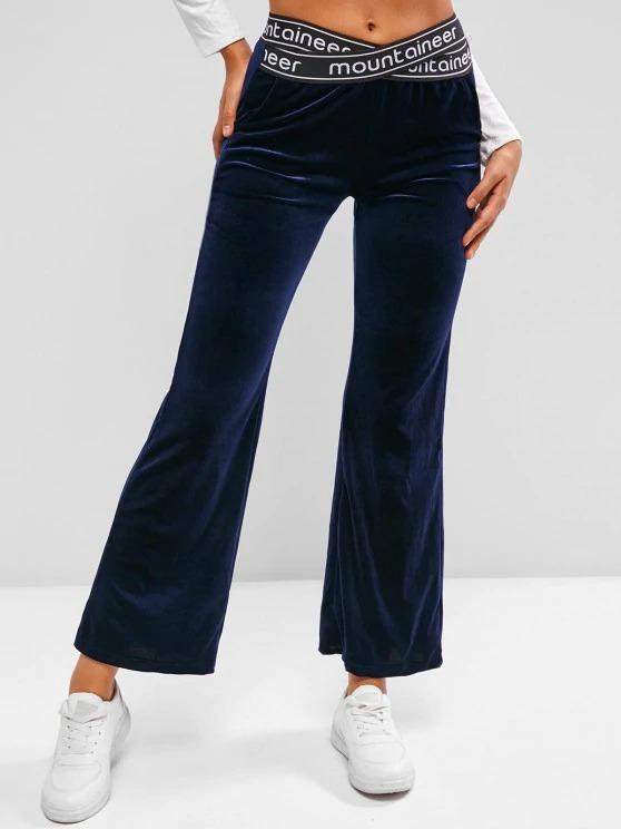 Criss Cross Waist Velvet Graphic Flare Pants - Pants - INS | Online Fashion Free Shipping Clothing, Dresses, Tops, Shoes - 02/09/2021 - Bottoms - Casual