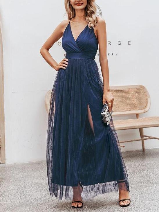 Crisscross Back Split Mesh Overlay Prom Dress - Dresses - INS | Online Fashion Free Shipping Clothing, Dresses, Tops, Shoes - 01/27/2021 - Blue - chiffon-dress