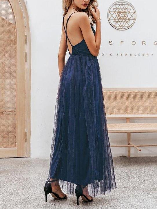 Crisscross Back Split Mesh Overlay Prom Dress - Dresses - INS | Online Fashion Free Shipping Clothing, Dresses, Tops, Shoes - 01/27/2021 - Blue - chiffon-dress