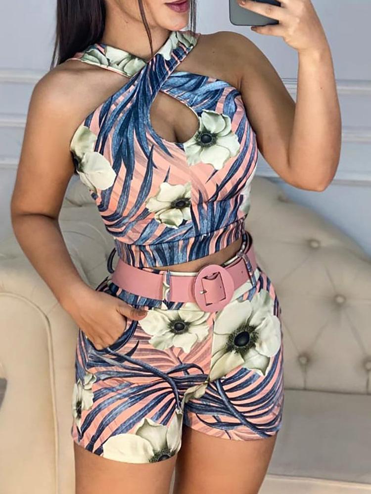 Crisscross Halter Tropical Print Skinny Romper - Rompers - INS | Online Fashion Free Shipping Clothing, Dresses, Tops, Shoes - 04/05/2021 - Category_Rompers - Color_Pink
