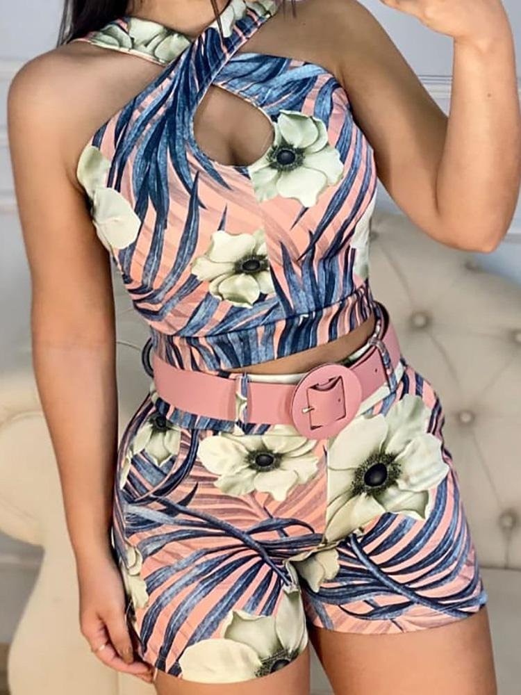 Crisscross Halter Tropical Print Skinny Romper - Rompers - INS | Online Fashion Free Shipping Clothing, Dresses, Tops, Shoes - 04/05/2021 - Category_Rompers - Color_Pink