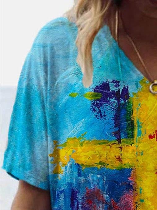 Cross Print V-neck Short Sleeve T-shirt - T-shirts - INS | Online Fashion Free Shipping Clothing, Dresses, Tops, Shoes - 08/06/2021 - Color_Blue - Size_2XL