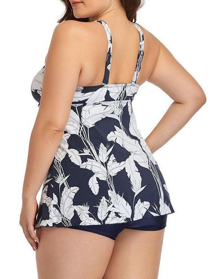 Cross Tie Print Plus Size Strap Skirt Swimsuit - Plus Swimsuits - INS | Online Fashion Free Shipping Clothing, Dresses, Tops, Shoes - 22/04/2021 - Color_Dark Blue - Plus Swimsuits