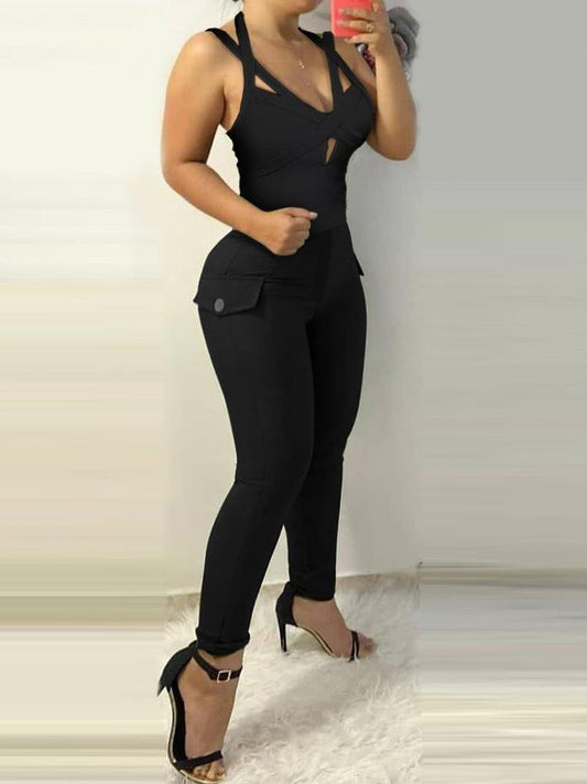 Cutout Double Strap Top & Button Deocr Pants Set - Two-piece Outfits - INS | Online Fashion Free Shipping Clothing, Dresses, Tops, Shoes - 05/05/2021 - Category_Two-piece Outfits - Color_Black