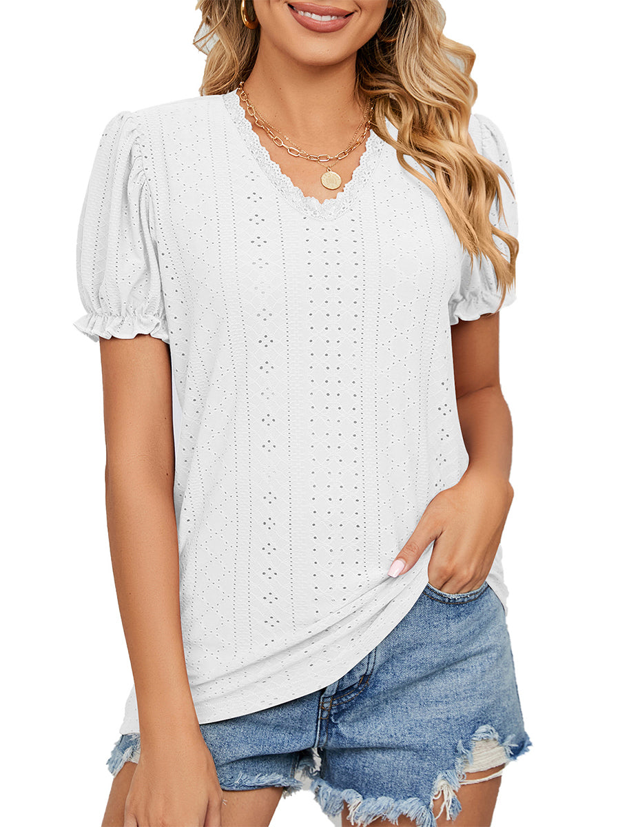 T-Shirts - Solid Color Lace Stitching Hollow V-Neck T-Shirt - MsDressly