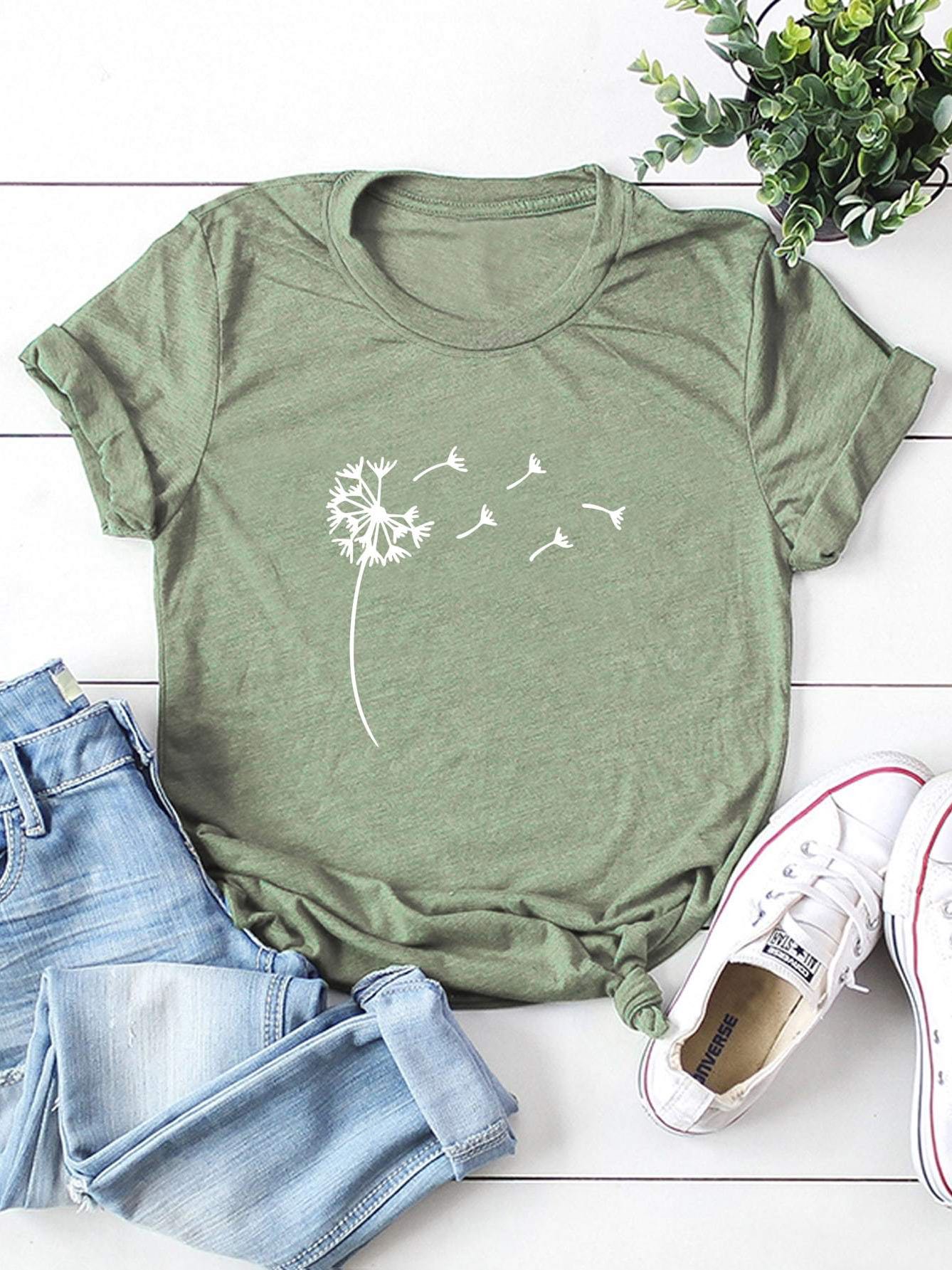 Dandelion Print Round Neck Tee - INS | Online Fashion Free Shipping Clothing, Dresses, Tops, Shoes