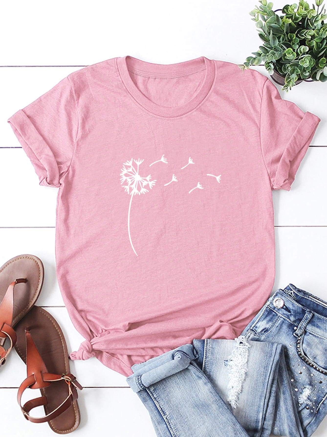 Dandelion Print Round Neck Tee - INS | Online Fashion Free Shipping Clothing, Dresses, Tops, Shoes