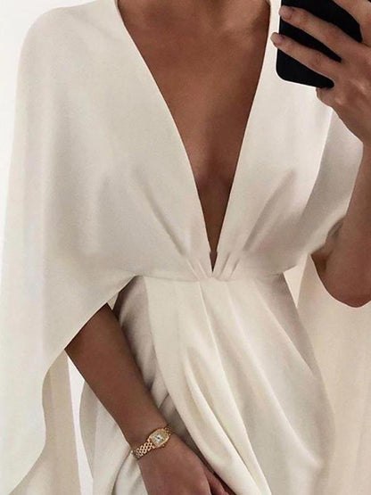 Deep V Cloak Solid Long Sleeve Dress - Midi Dresses - INS | Online Fashion Free Shipping Clothing, Dresses, Tops, Shoes - 15/06/2021 - Category_Midi Dresses - Color_White