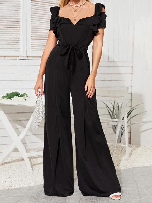 Deep V-Neck Belted Wide-Leg Jumpsuit - Jumpsuits & Rompers - INS | Online Fashion Free Shipping Clothing, Dresses, Tops, Shoes - 20/07/2021 - 30-40 - Bottom