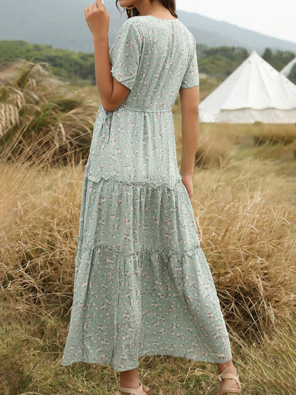 Deep V-Neck Bohemian Dress With Ruffled Floral - Midi Dresses - INS | Online Fashion Free Shipping Clothing, Dresses, Tops, Shoes - 25/06/2021 - 30-40 - Category_Midi Dresses