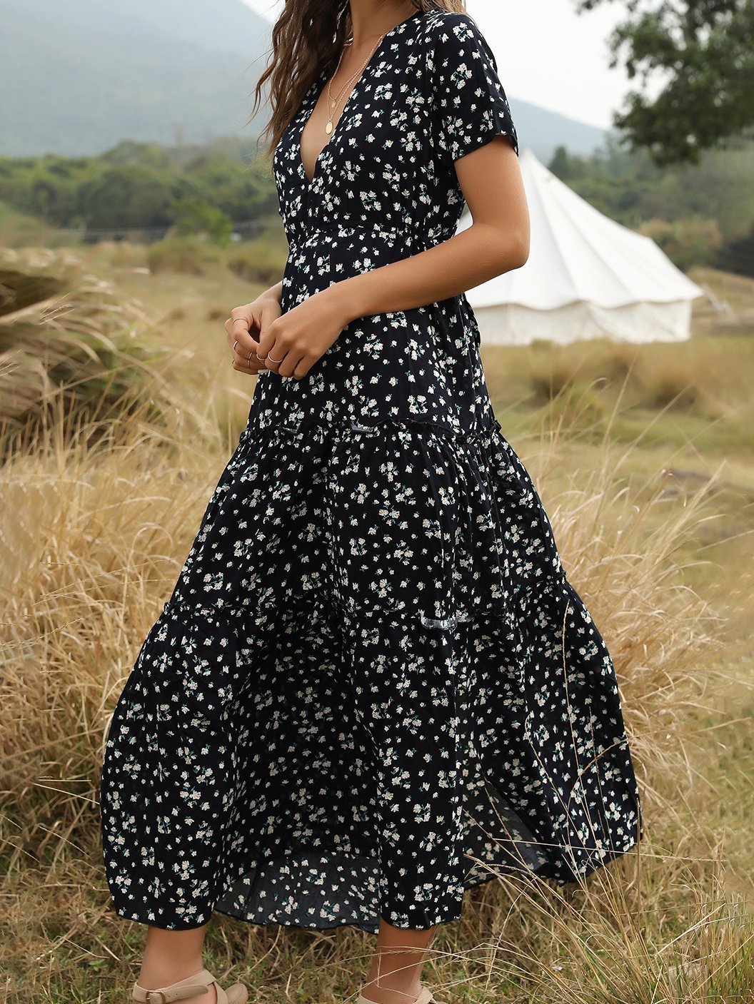 Deep V-Neck Bohemian Dress With Ruffled Floral - Midi Dresses - INS | Online Fashion Free Shipping Clothing, Dresses, Tops, Shoes - 25/06/2021 - 30-40 - Category_Midi Dresses