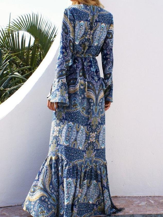 Deep V-Neck Bohemian Print Tether Beach Dress - Maxi Dresses - INS | Online Fashion Free Shipping Clothing, Dresses, Tops, Shoes - 02/07/2021 - 20-30 - Category_Maxi Dresses