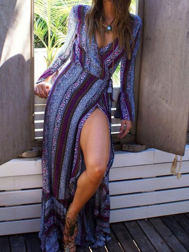 Deep V-Neck Bohemian Print Tether Beach Dress - Maxi Dresses - INS | Online Fashion Free Shipping Clothing, Dresses, Tops, Shoes - 02/07/2021 - 20-30 - Category_Maxi Dresses