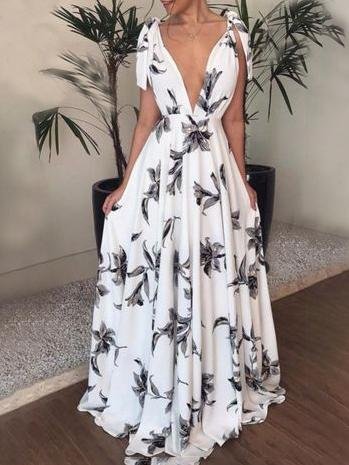 Deep V Neck Flower Printed Shoulder Straps Dress - Maxi Dresses - INS | Online Fashion Free Shipping Clothing, Dresses, Tops, Shoes - 30-40 - 30/06/2021 - color-white