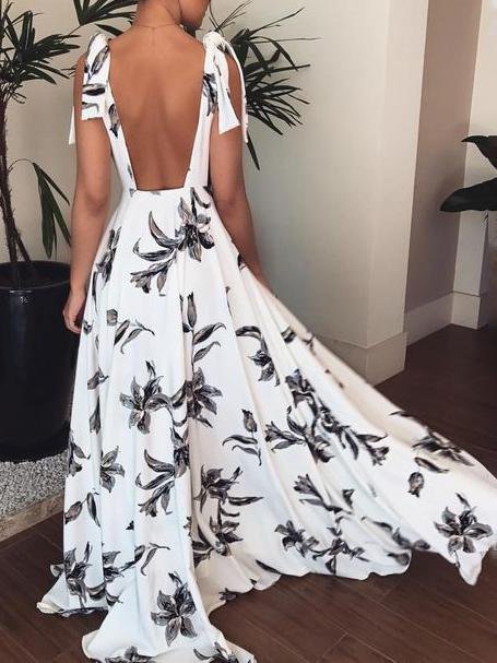 Deep V Neck Flower Printed Shoulder Straps Dress - Maxi Dresses - INS | Online Fashion Free Shipping Clothing, Dresses, Tops, Shoes - 30-40 - 30/06/2021 - color-white