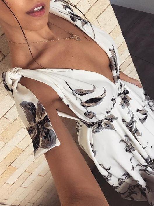 Deep V Neck Flower Printed Shoulder Straps Dress - Maxi Dresses - INS | Online Fashion Free Shipping Clothing, Dresses, Tops, Shoes - 30-40 - 30/06/2021 - color-white