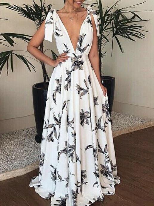 Deep V Neck Flower Printed Shoulder Straps Dress - Maxi Dresses - INS | Online Fashion Free Shipping Clothing, Dresses, Tops, Shoes - 30-40 - 30/06/2021 - color-white