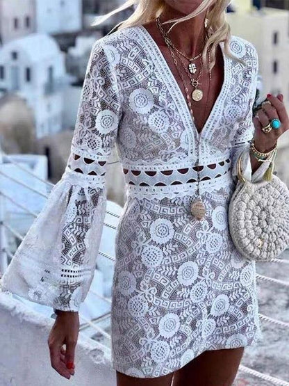 Deep V-Neck Hollow Lace Mini Dress - Mini Dresses - INS | Online Fashion Free Shipping Clothing, Dresses, Tops, Shoes - 30/07/2021 - 40-50 - Category_Mini Dresses